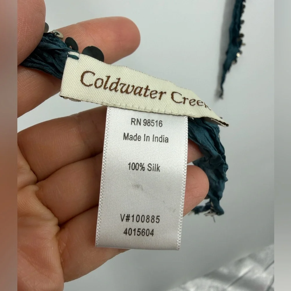 Coldwater creek scarf teal‎ 100% silk embellishment silver sequins trim